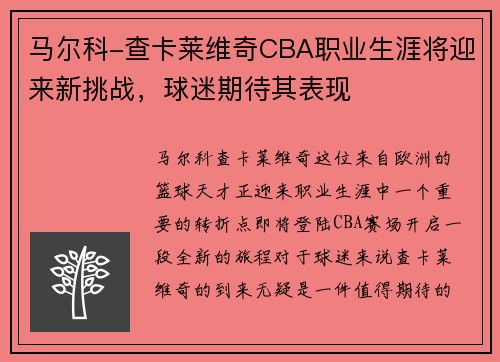 马尔科-查卡莱维奇CBA职业生涯将迎来新挑战，球迷期待其表现