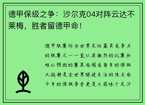 德甲保级之争：沙尔克04对阵云达不莱梅，胜者留德甲命！